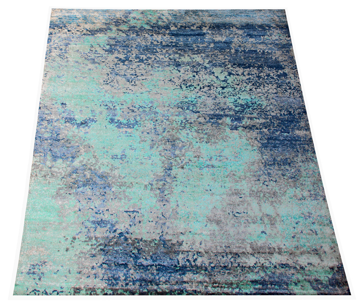Turquoise Navy Blue Grey 8x10 Hand Knotted Vintage Antique Wool Viscose Area Rug - Abstract Distressed