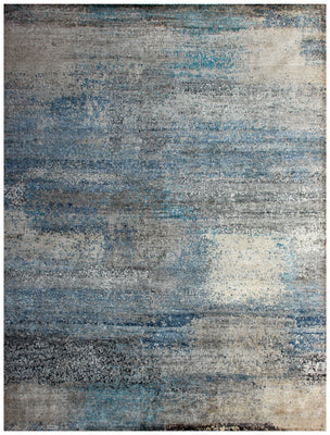 7.6x10 Vintage Antique Abstract Distressed Wool Viscose Area Rug - Grey Teal Beige Navy Hand Knotted