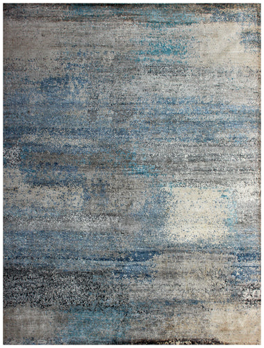 7.6x10 Vintage Antique Abstract Distressed Wool Viscose Area Rug - Grey Teal Beige Navy Hand Knotted