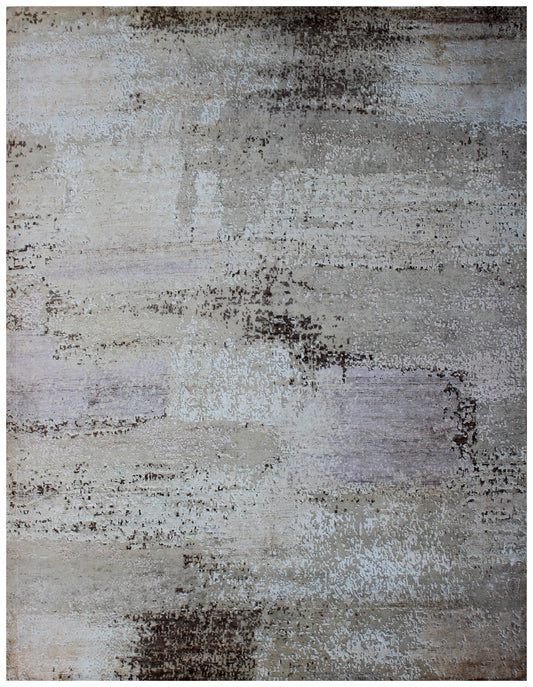 Grey Beige Abstract Distressed Hand Knotted Wool Viscose Area Rug - 35 KPSI 8x10 Ready to Ship