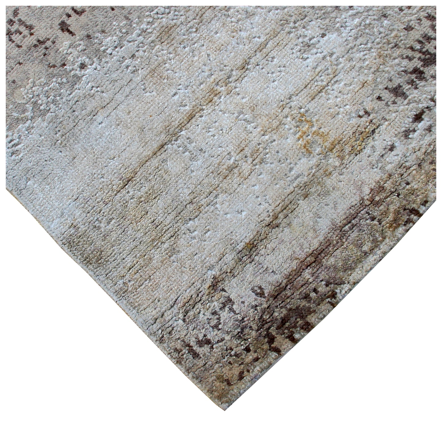 Grey Beige Abstract Distressed Hand Knotted Wool Viscose Area Rug - 35 KPSI 8x10 Ready to Ship