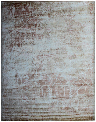 Blue Brown Beige Abstract Distressed Hand Knotted Wool Viscose Area Rug - 35 KPSI 8x10 Ready to Ship