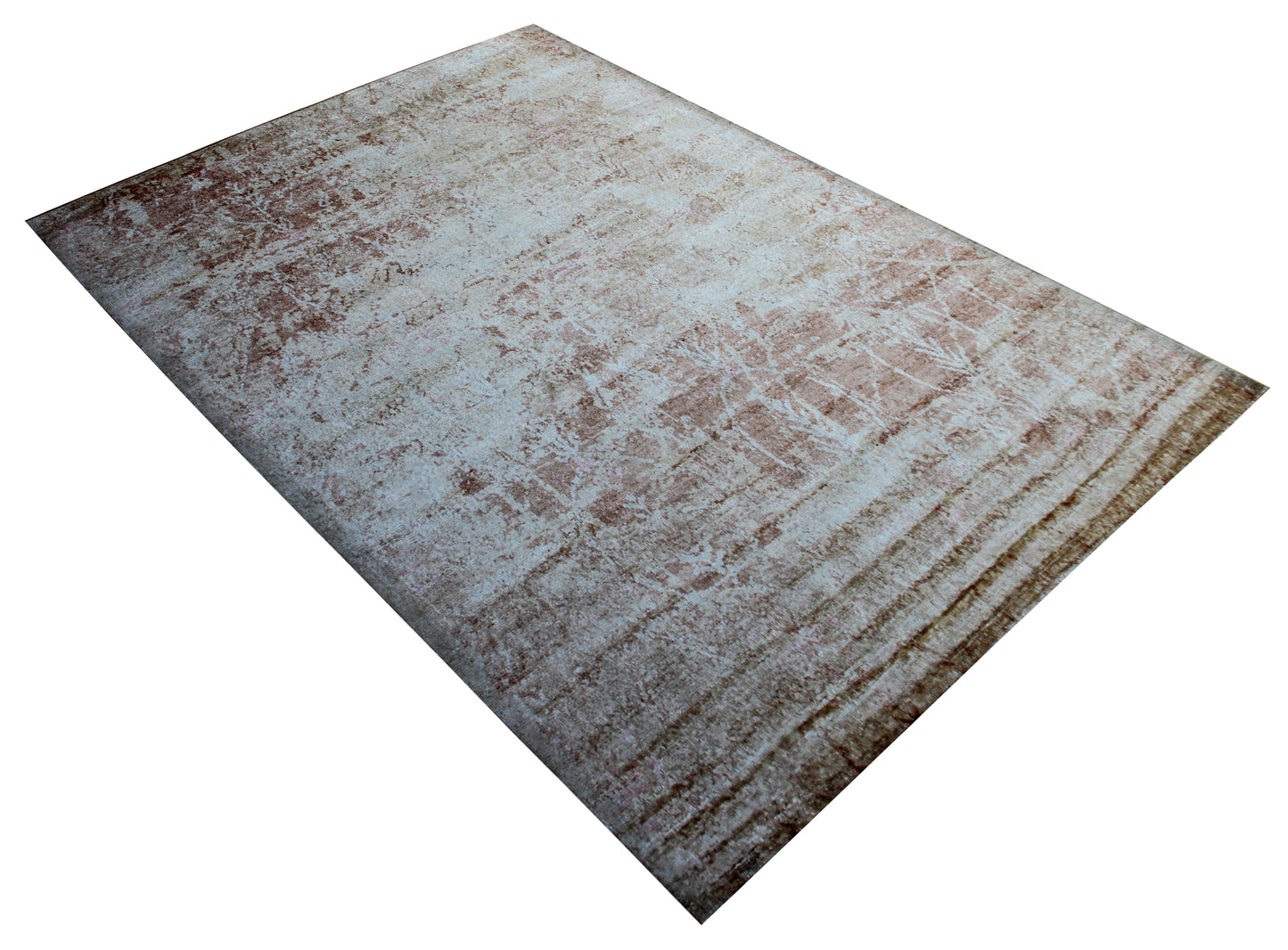 Blue Brown Beige Abstract Distressed Hand Knotted Wool Viscose Area Rug - 35 KPSI 8x10 Ready to Ship