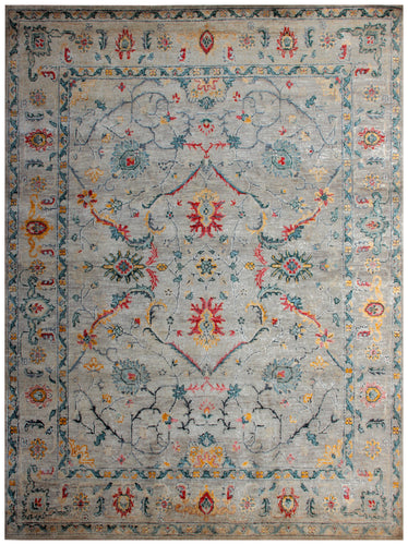 Hand Knotted 8x10 Persian Wool Viscose Area Rug - Vintage Antique Grey Red Teal Gold Floral Distressed