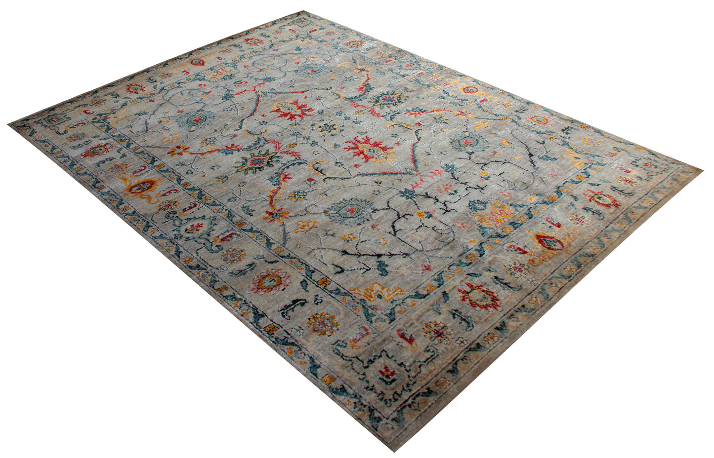 Hand Knotted 8x10 Persian Wool Viscose Area Rug - Vintage Antique Grey Red Teal Gold Floral Distressed