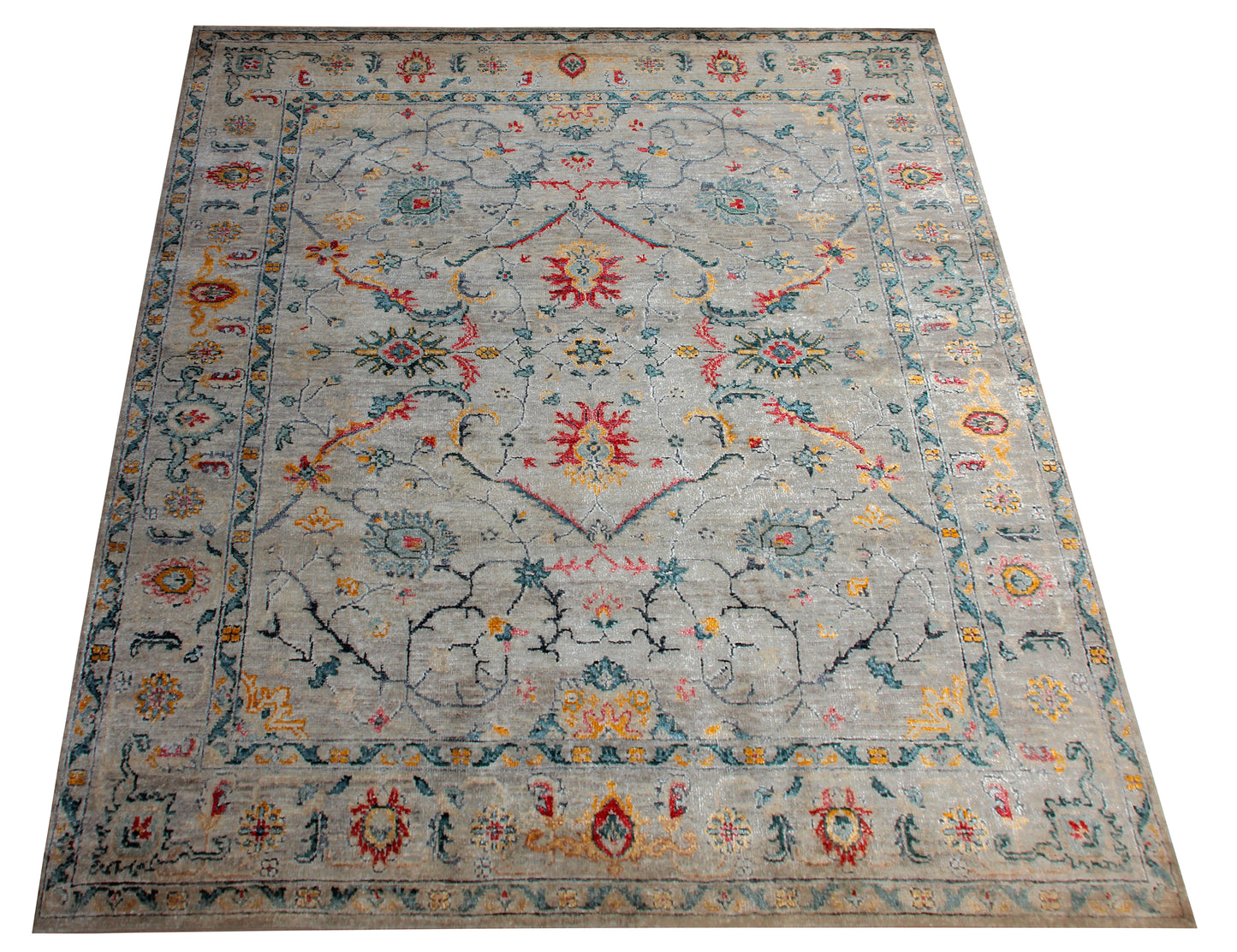 Hand Knotted 8x10 Persian Wool Viscose Area Rug - Vintage Antique Grey Red Teal Gold Floral Distressed