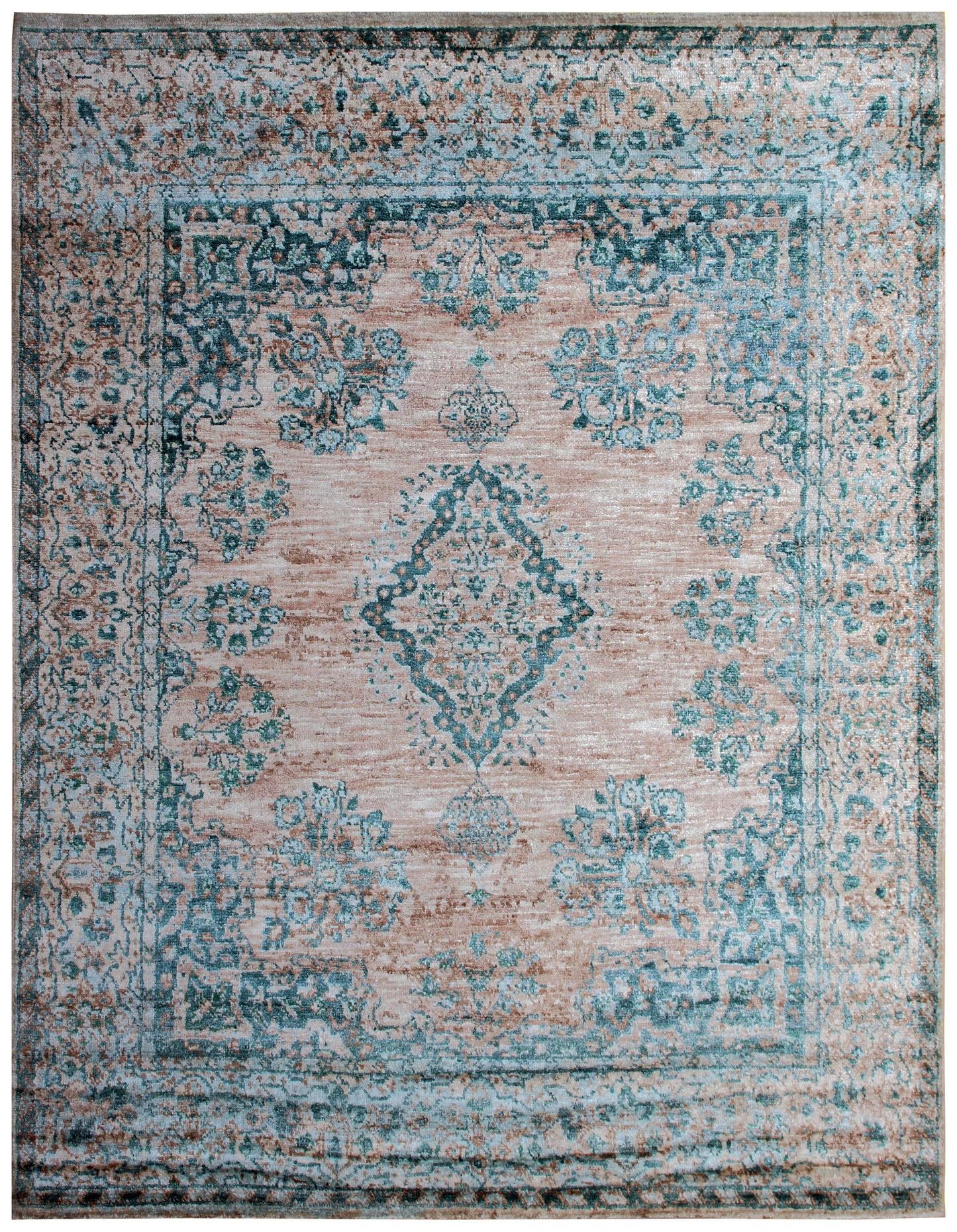 Teal Beige Vintage Distressed Medallion Border Hand Knotted Wool Viscose Area Rug - 35 KPSI 8x10 Ready to Ship