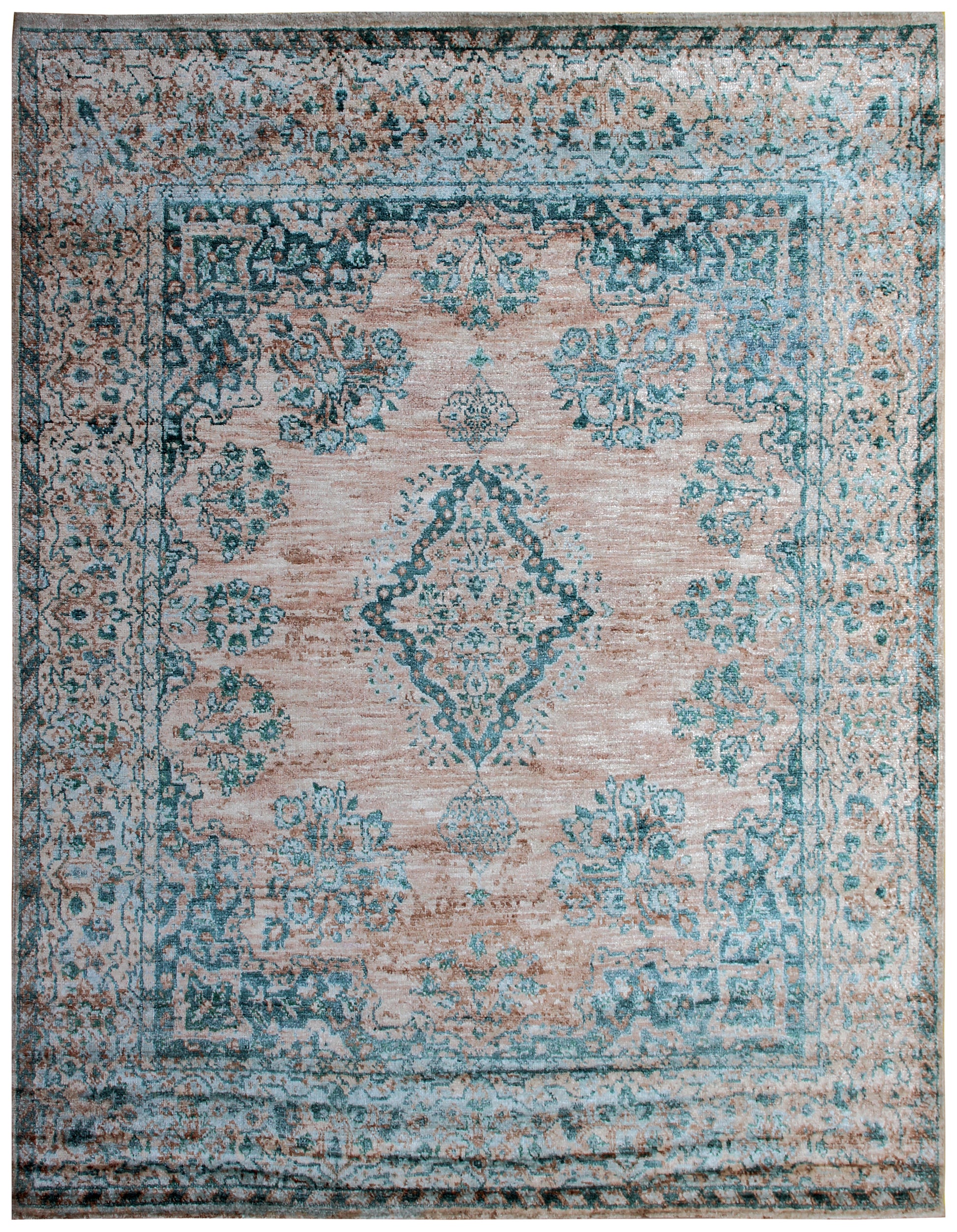 Teal Beige Vintage Distressed Medallion Border Hand Knotted Wool Viscose Area Rug - 35 KPSI 8x10 Ready to Ship