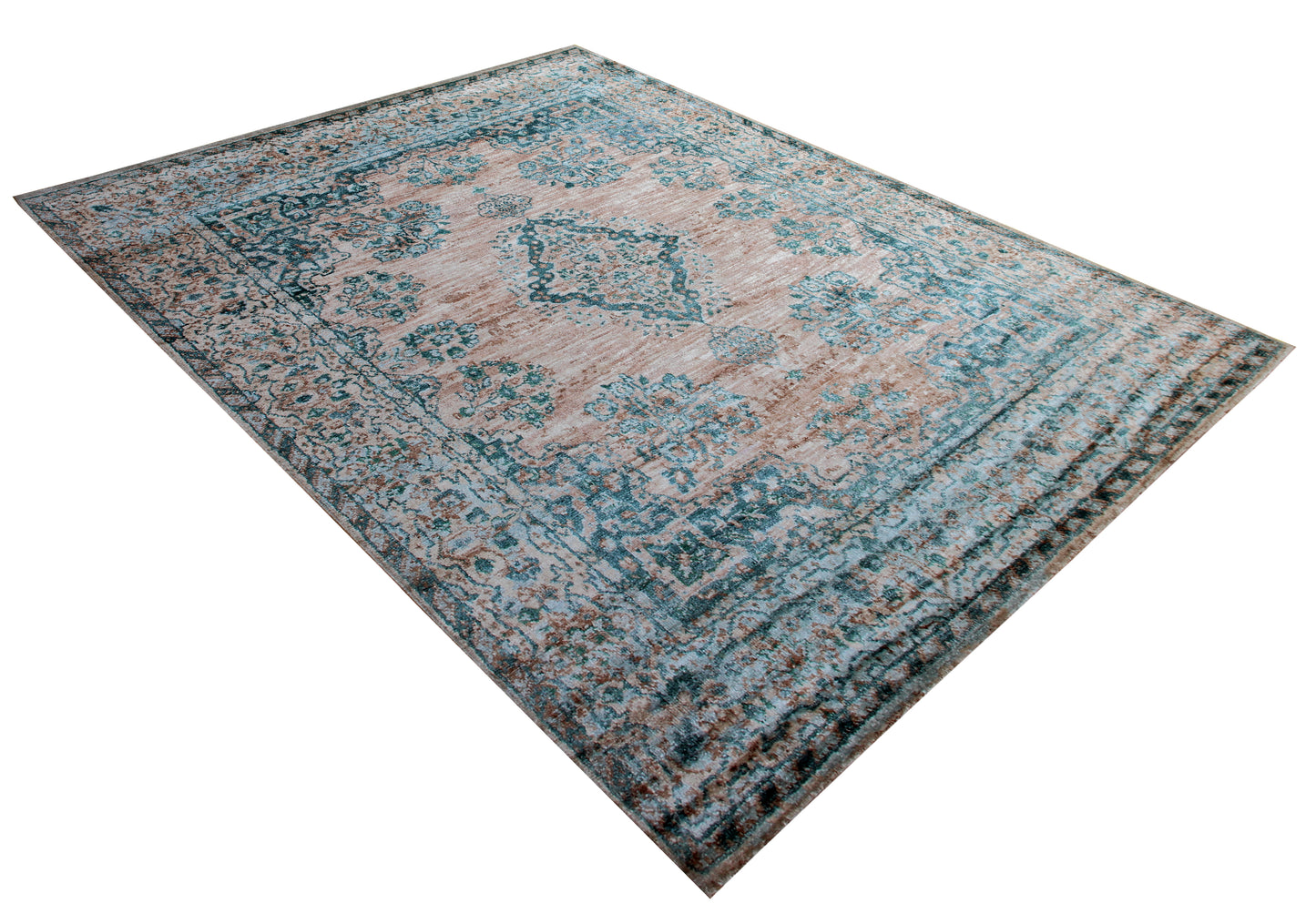 Teal Beige Vintage Distressed Medallion Border Hand Knotted Wool Viscose Area Rug - 35 KPSI 8x10 Ready to Ship
