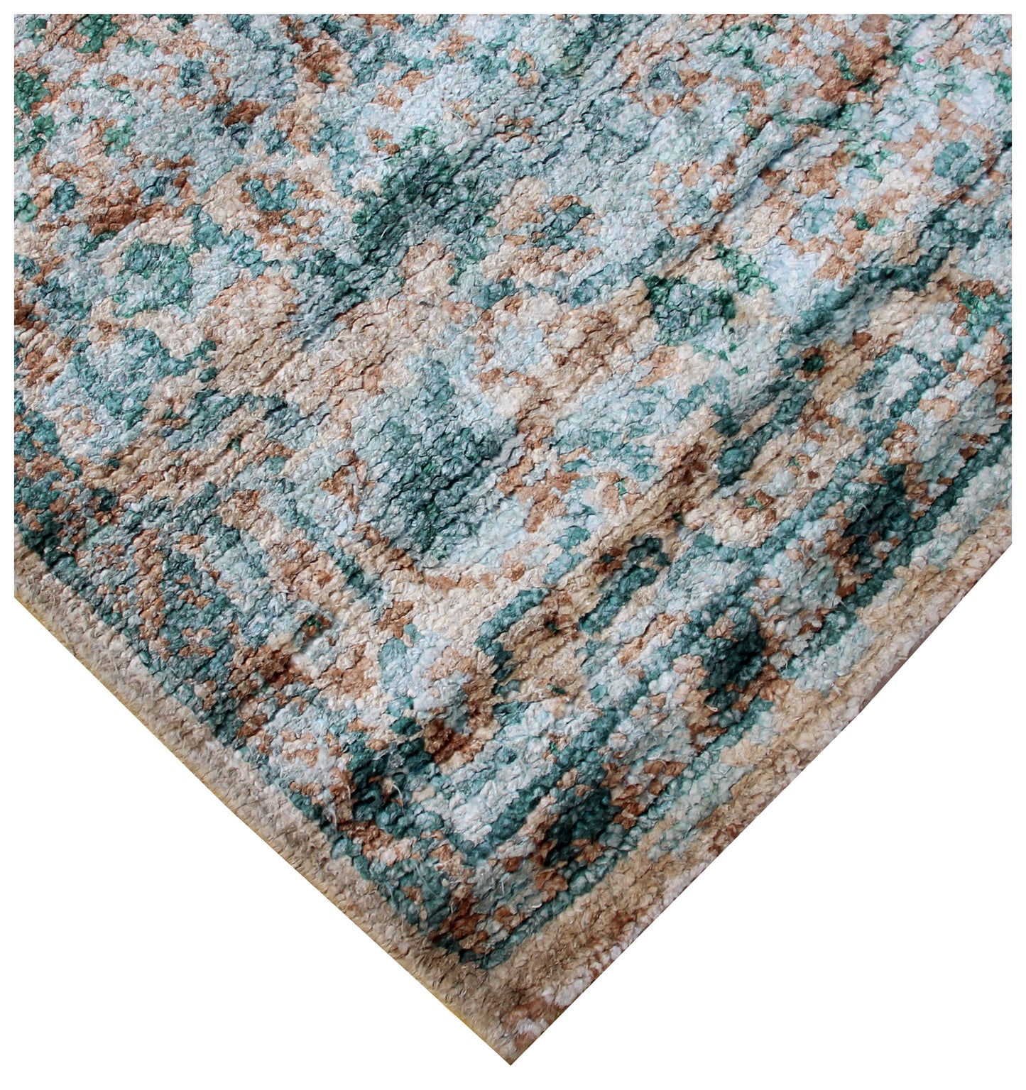 Teal Beige Vintage Distressed Medallion Border Hand Knotted Wool Viscose Area Rug - 35 KPSI 8x10 Ready to Ship