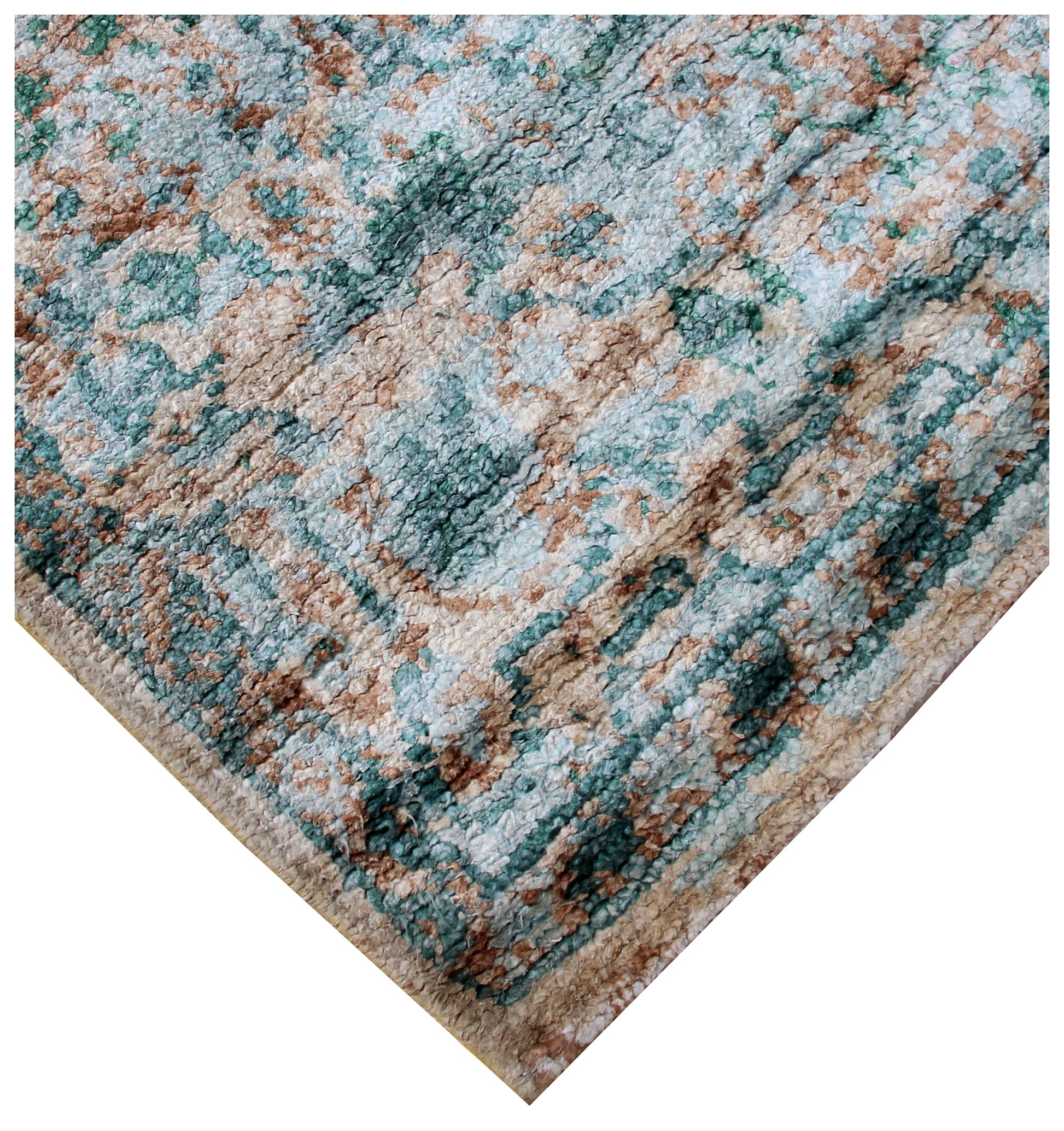 Teal Beige Vintage Distressed Medallion Border Hand Knotted Wool Viscose Area Rug - 35 KPSI 8x10 Ready to Ship