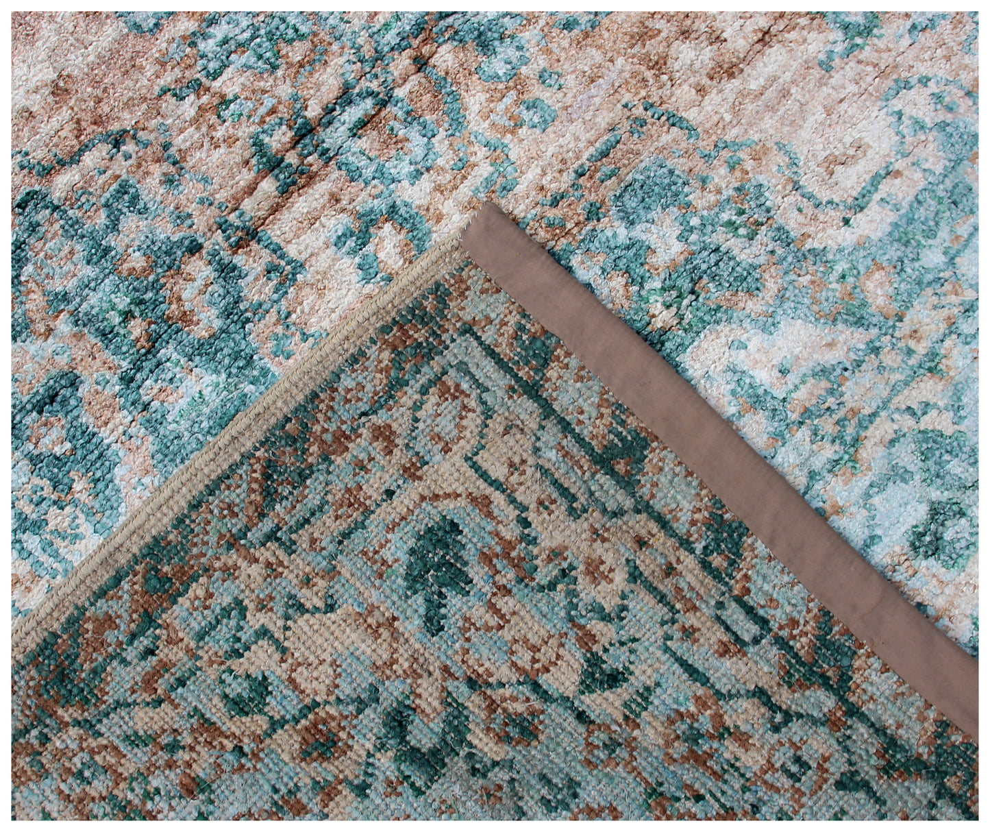 Teal Beige Vintage Distressed Medallion Border Hand Knotted Wool Viscose Area Rug - 35 KPSI 8x10 Ready to Ship