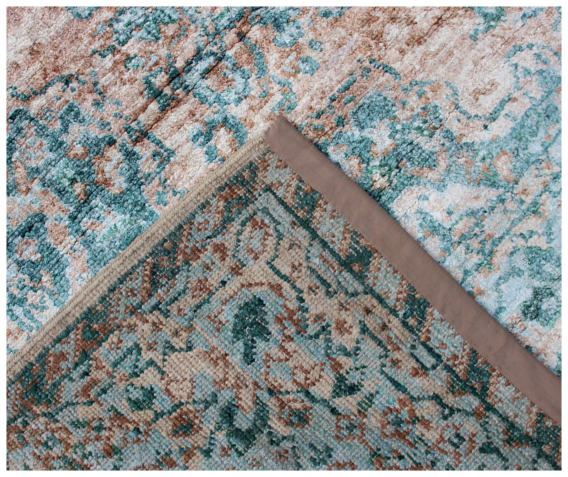 Teal Beige Vintage Distressed Medallion Border Hand Knotted Wool Viscose Area Rug - 35 KPSI 8x10 Ready to Ship