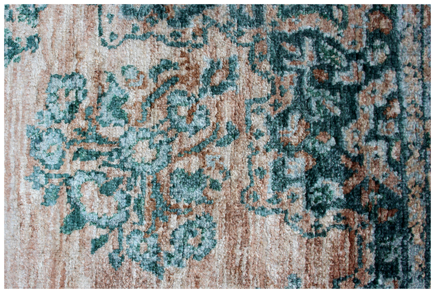Teal Beige Vintage Distressed Medallion Border Hand Knotted Wool Viscose Area Rug - 35 KPSI 8x10 Ready to Ship