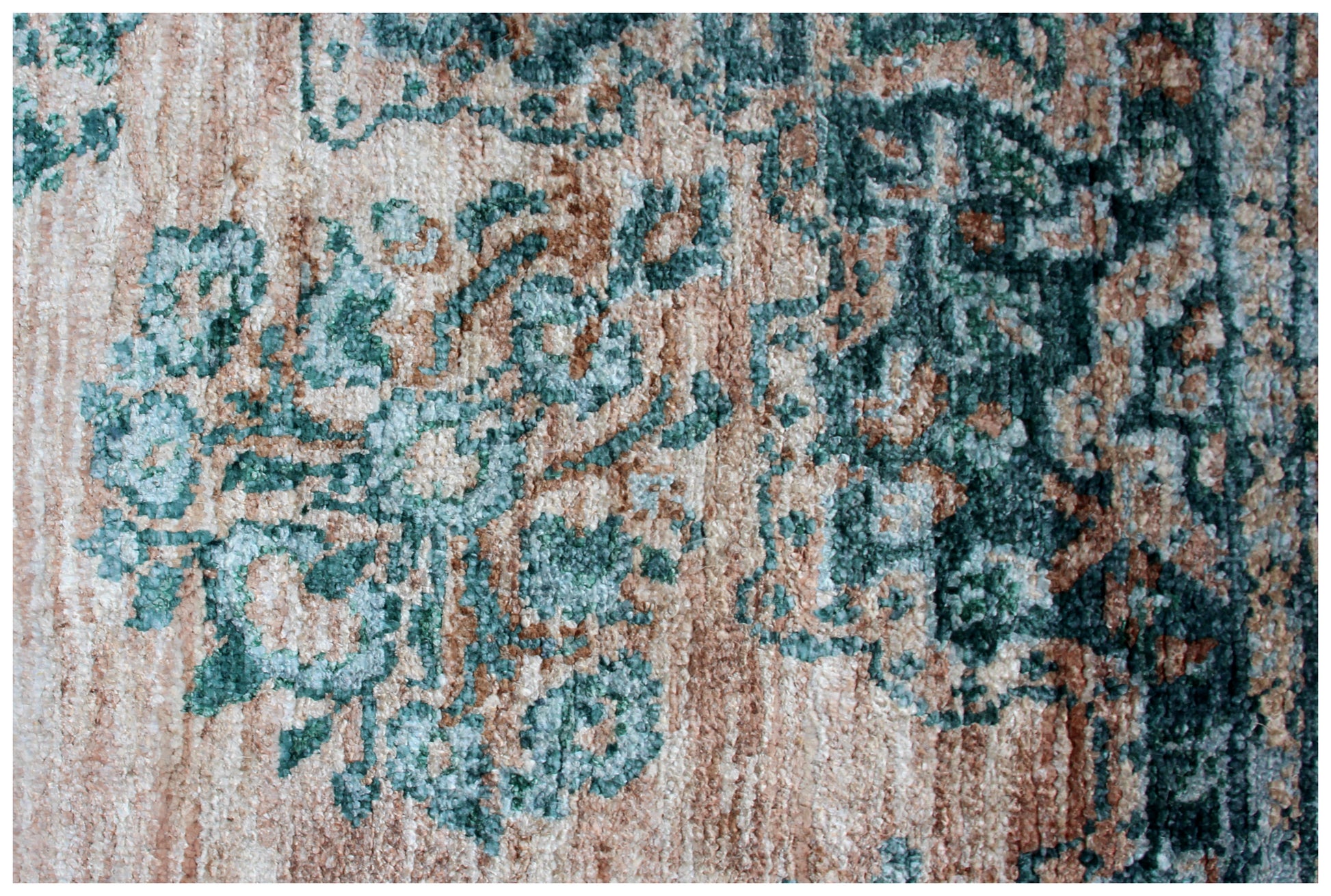 Teal Beige Vintage Distressed Medallion Border Hand Knotted Wool Viscose Area Rug - 35 KPSI 8x10 Ready to Ship