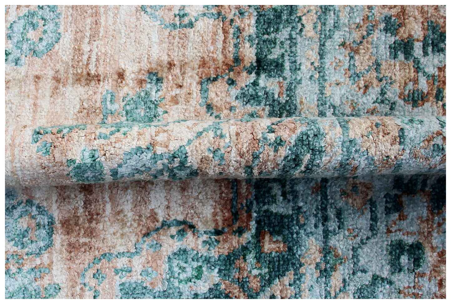 Teal Beige Vintage Distressed Medallion Border Hand Knotted Wool Viscose Area Rug - 35 KPSI 8x10 Ready to Ship