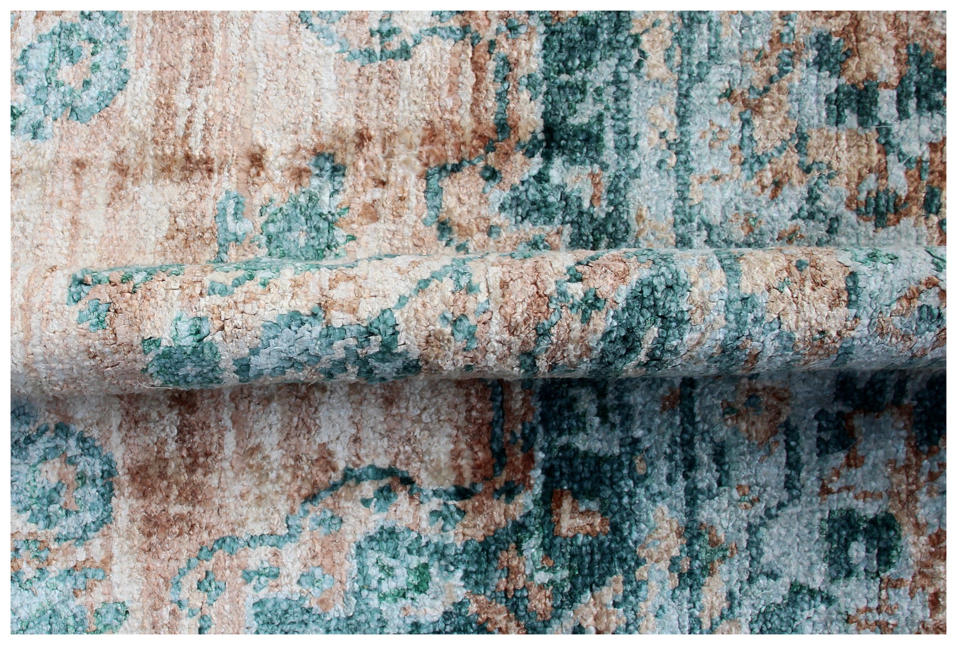 Teal Beige Vintage Distressed Medallion Border Hand Knotted Wool Viscose Area Rug - 35 KPSI 8x10 Ready to Ship