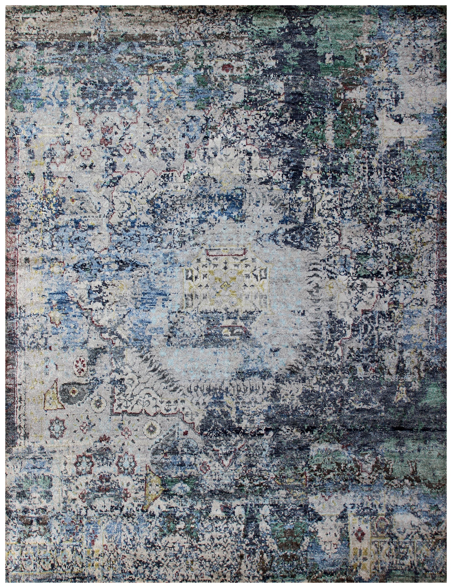 8x10 Blue Grey Abstract Distressed Hand Knotted 30 KPSI Wool Viscose Contemporary Rug