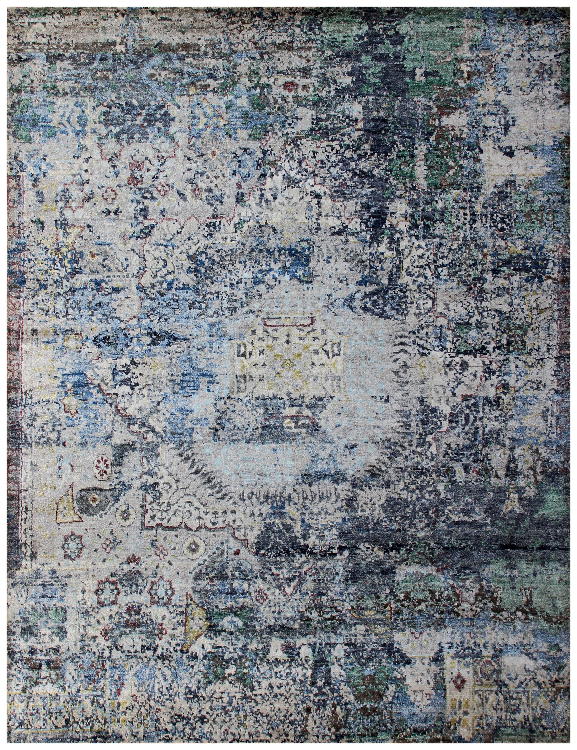 8x10 Blue Grey Abstract Distressed Hand Knotted 30 KPSI Wool Viscose Contemporary Rug