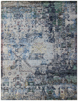 8x10 Blue Grey Abstract Distressed Hand Knotted 30 KPSI Wool Viscose Contemporary Rug