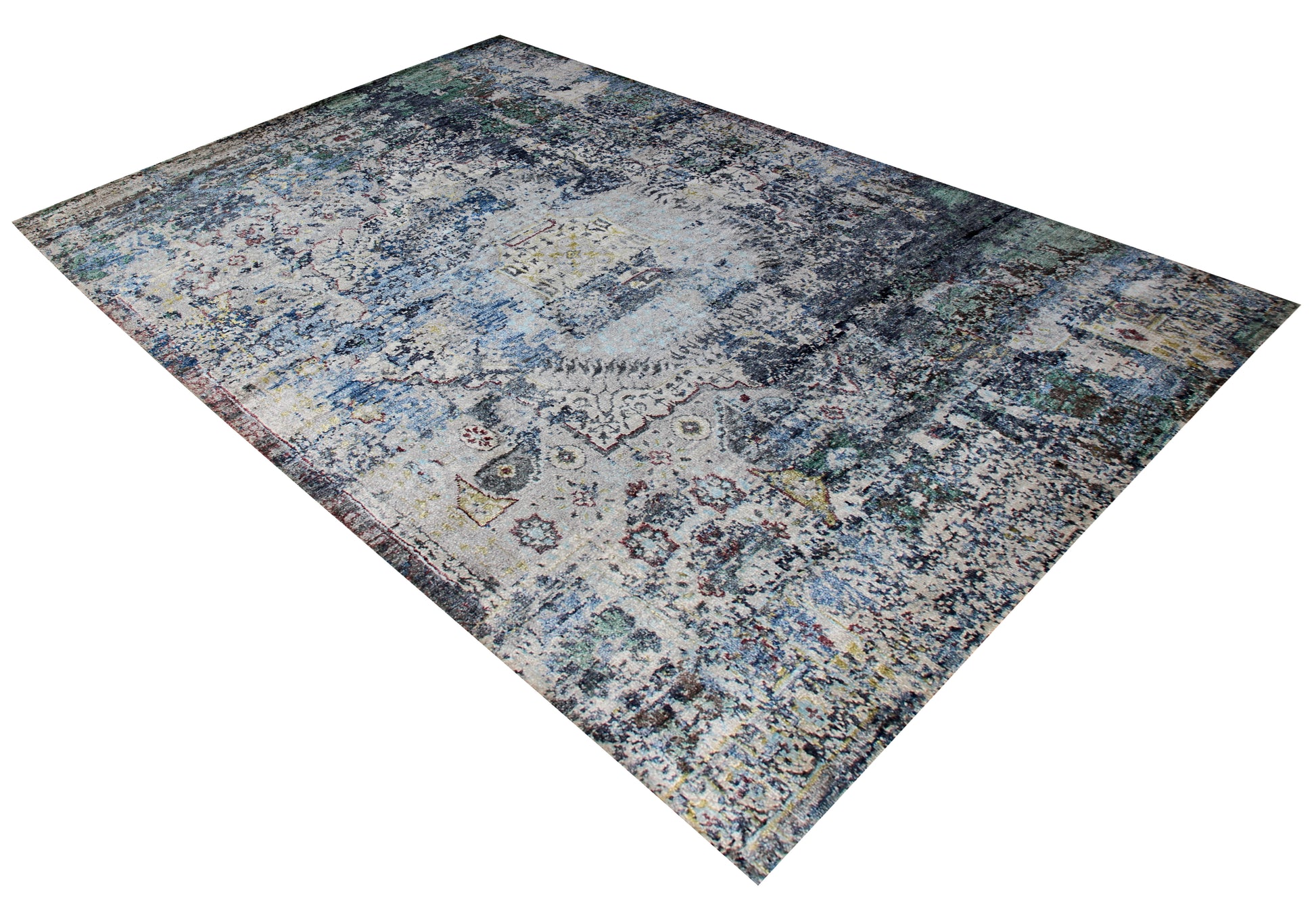 8x10 Blue Grey Abstract Distressed Hand Knotted 30 KPSI Wool Viscose Contemporary Rug