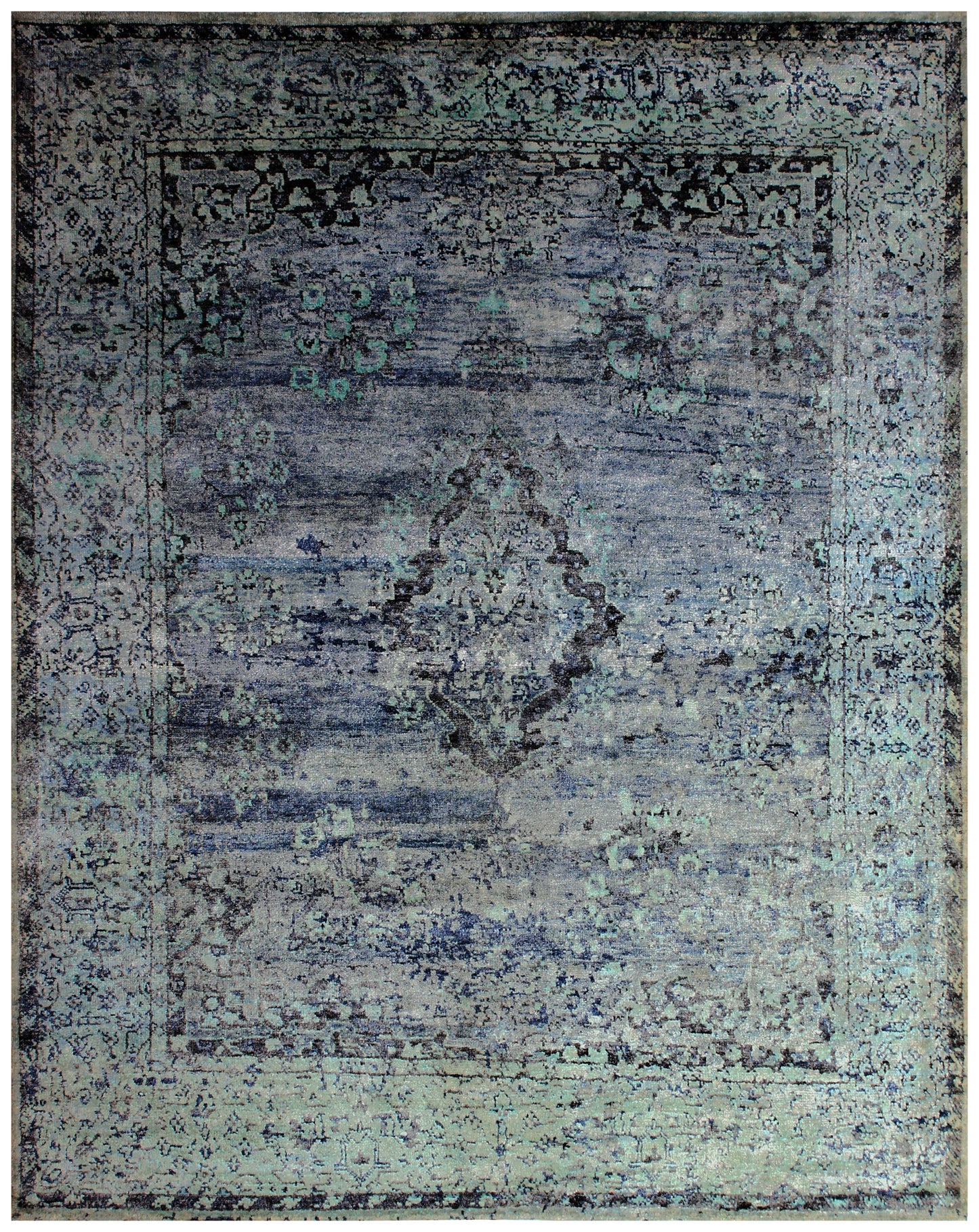 Vintage Antique Distressed 8x10 Hand Knotted Wool Viscose Area Rug - Grey Teal Navy Abstract