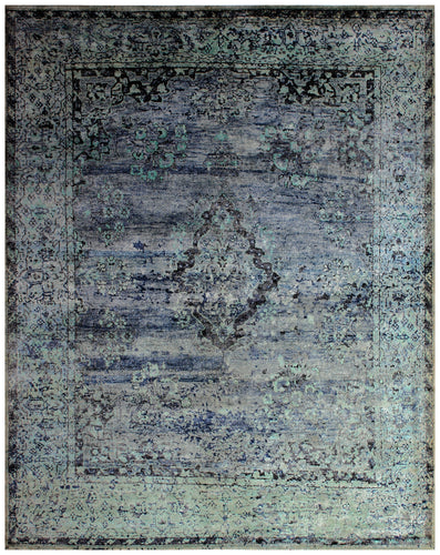 Vintage Antique Distressed 8x10 Hand Knotted Wool Viscose Area Rug - Grey Teal Navy Abstract