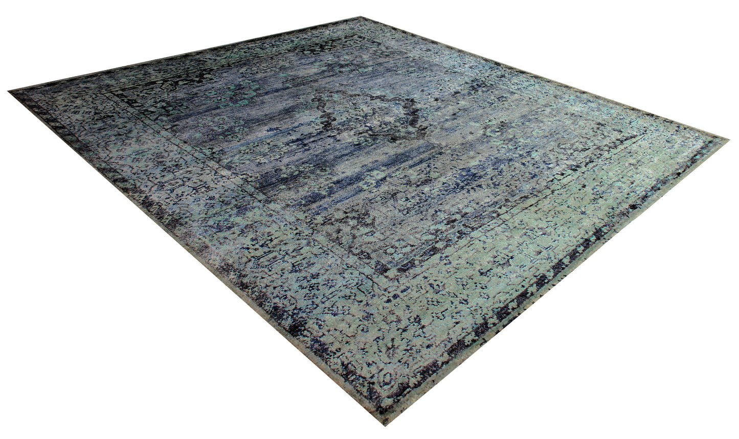 Vintage Antique Distressed 8x10 Hand Knotted Wool Viscose Area Rug - Grey Teal Navy Abstract