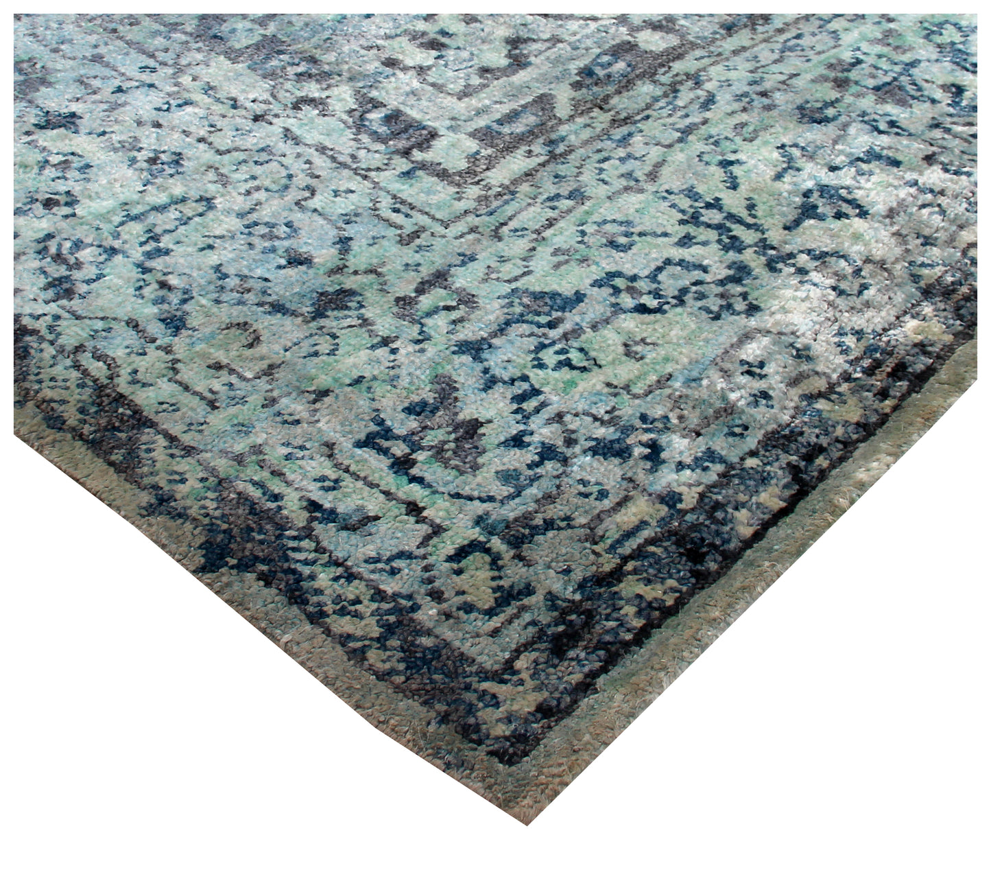 Vintage Antique Distressed 8x10 Hand Knotted Wool Viscose Area Rug - Grey Teal Navy Abstract