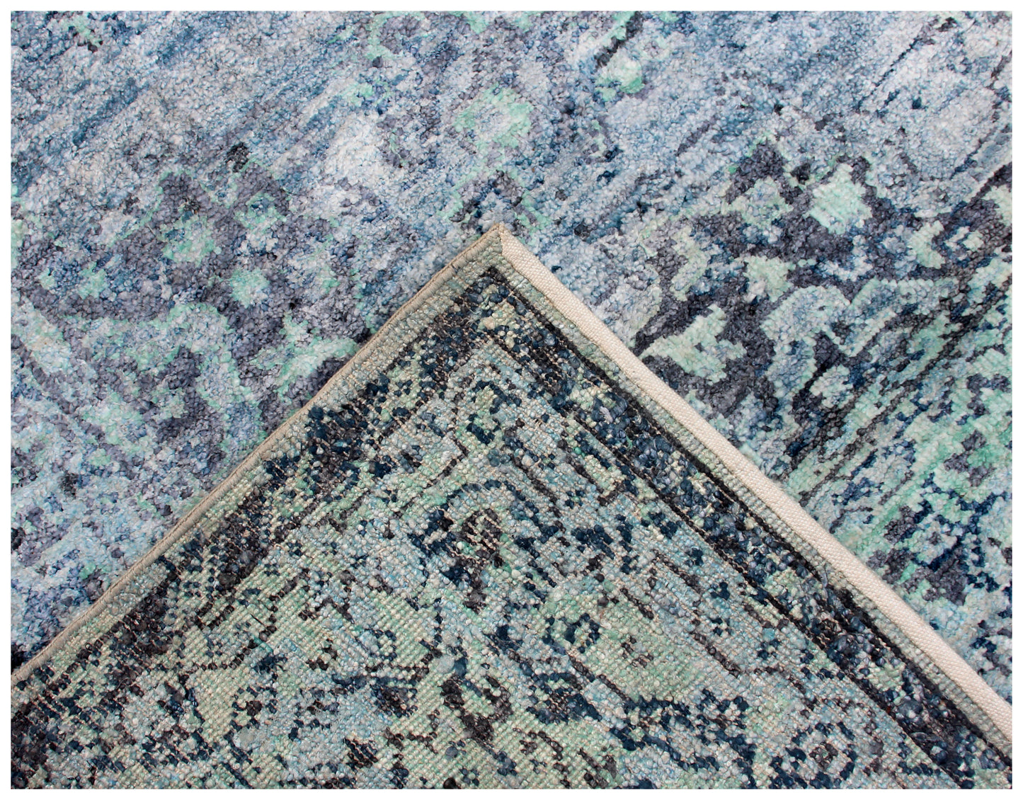 Vintage Antique Distressed 8x10 Hand Knotted Wool Viscose Area Rug - Grey Teal Navy Abstract