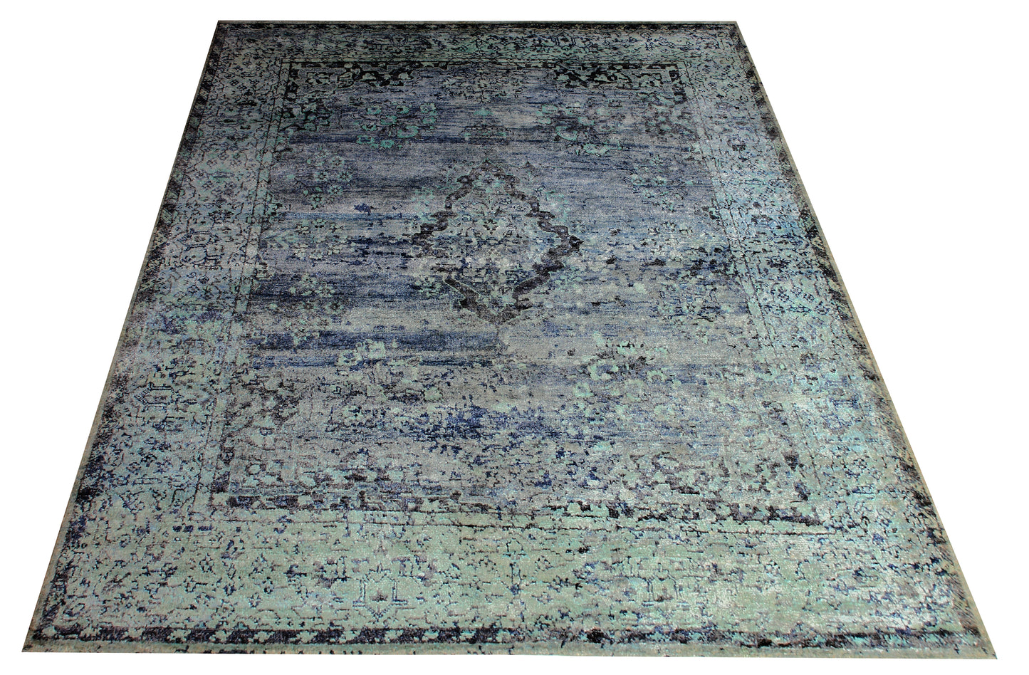 Vintage Antique Distressed 8x10 Hand Knotted Wool Viscose Area Rug - Grey Teal Navy Abstract