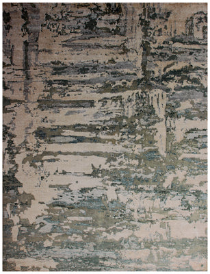 8x10 Abstract Distressed Vintage Antique Wool Viscose Hand Knotted Area Rug - Beige Grey Teal Green