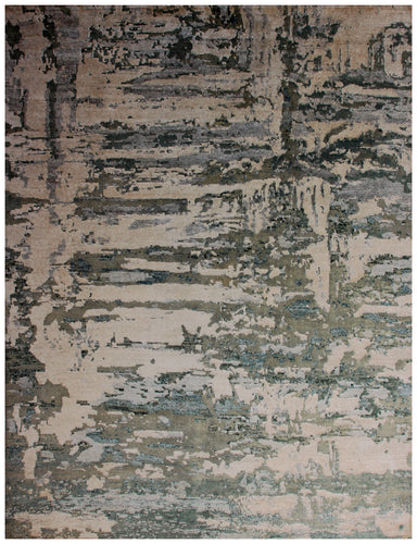 8x10 Abstract Distressed Vintage Antique Wool Viscose Hand Knotted Area Rug - Beige Grey Teal Green