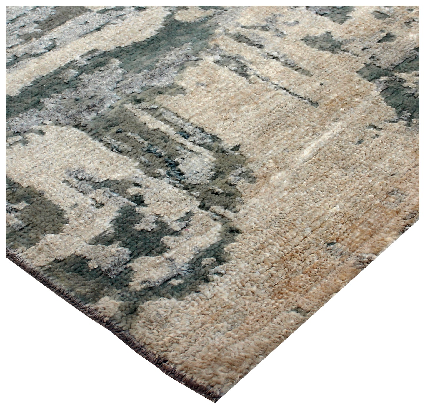8x10 Abstract Distressed Vintage Antique Wool Viscose Hand Knotted Area Rug - Beige Grey Teal Green