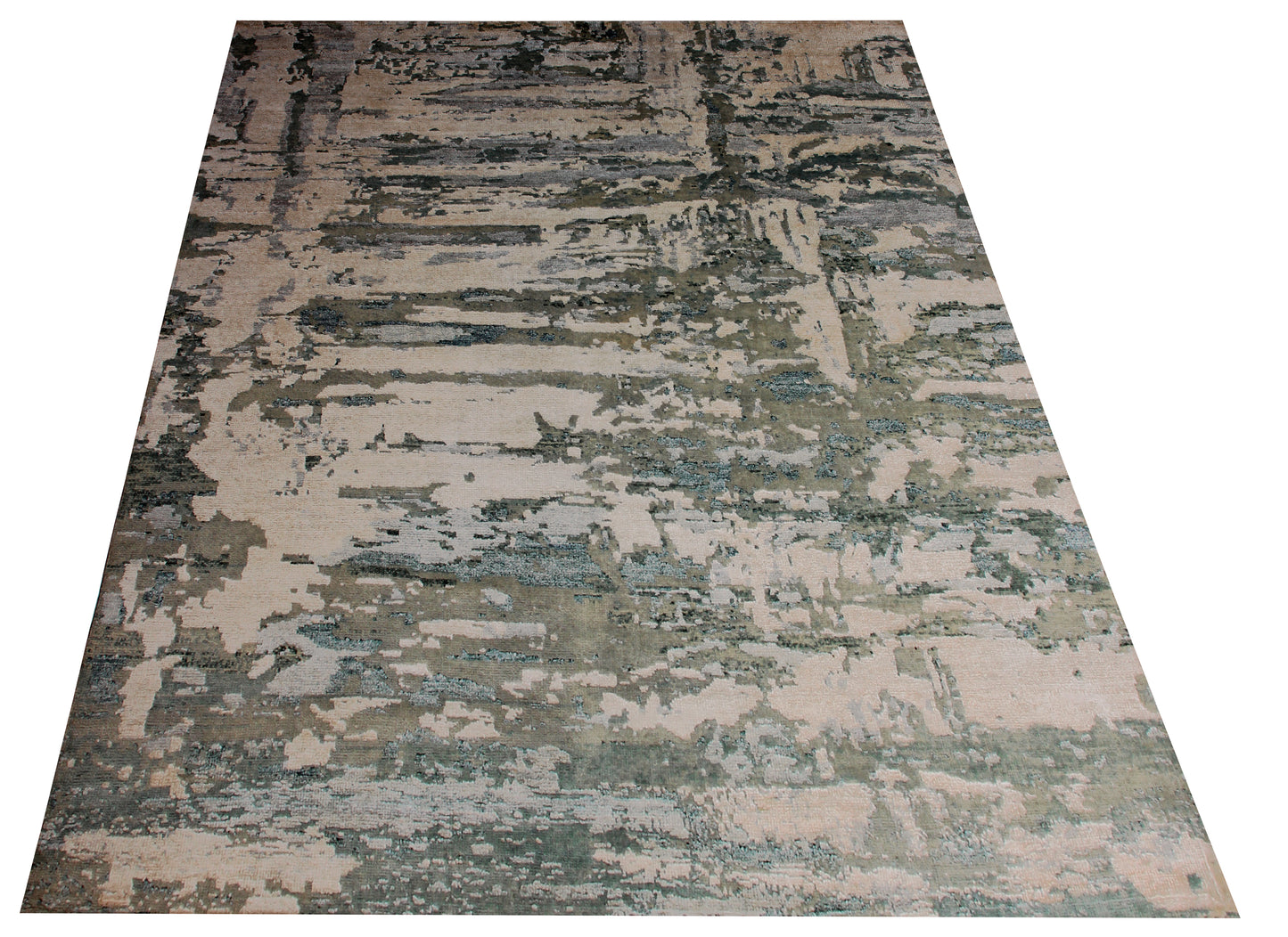 8x10 Abstract Distressed Vintage Antique Wool Viscose Hand Knotted Area Rug - Beige Grey Teal Green
