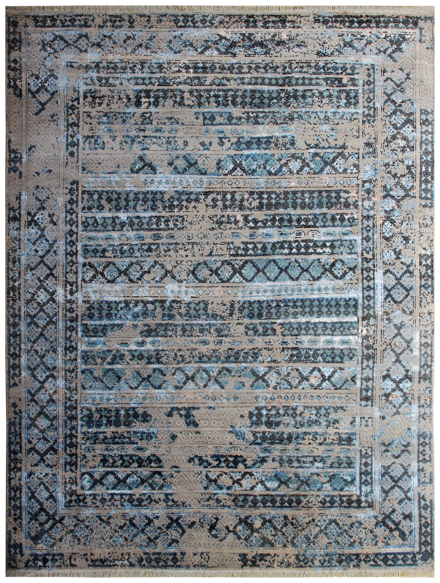 Blue Grey Distressed Vintage Hand Knotted Rug 8x10 - 30 KPSI Wool Viscose Area Rug Bhadohi