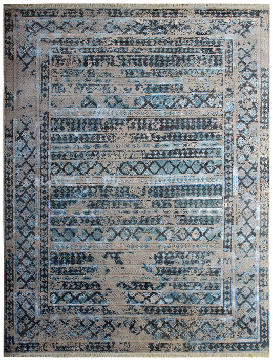 Blue Grey Distressed Vintage Hand Knotted Rug 8x10 - 30 KPSI Wool Viscose Area Rug Bhadohi