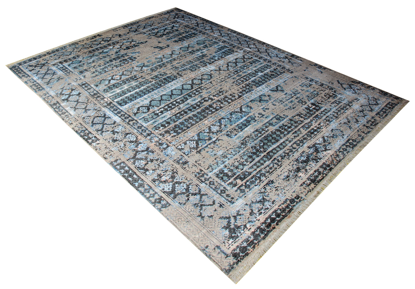 Blue Grey Distressed Vintage Hand Knotted Rug 8x10 - 30 KPSI Wool Viscose Area Rug Bhadohi