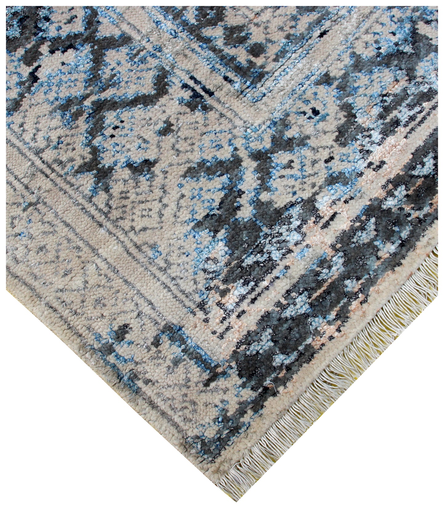Blue Grey Distressed Vintage Hand Knotted Rug 8x10 - 30 KPSI Wool Viscose Area Rug Bhadohi