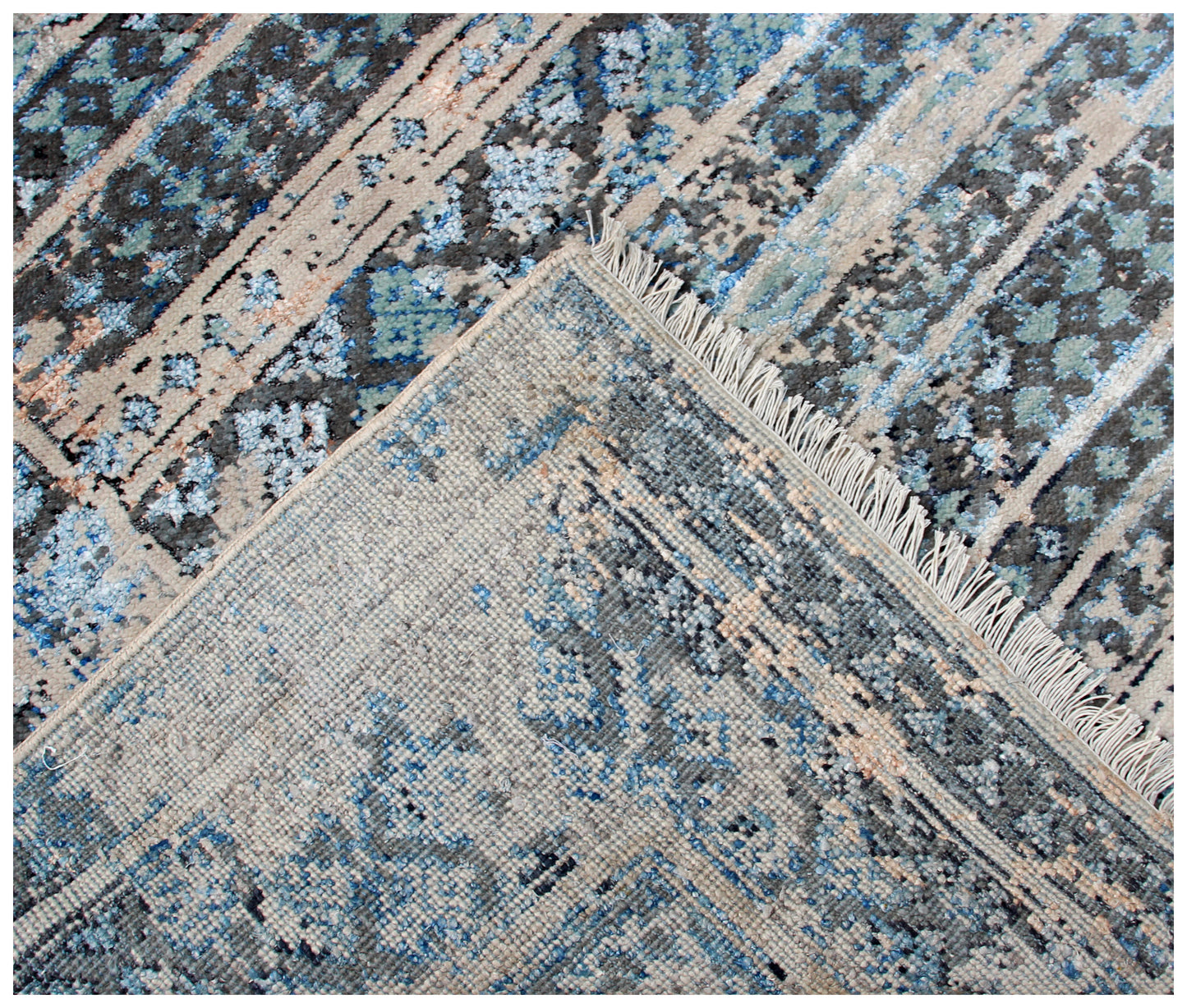 Blue Grey Distressed Vintage Hand Knotted Rug 8x10 - 30 KPSI Wool Viscose Area Rug Bhadohi
