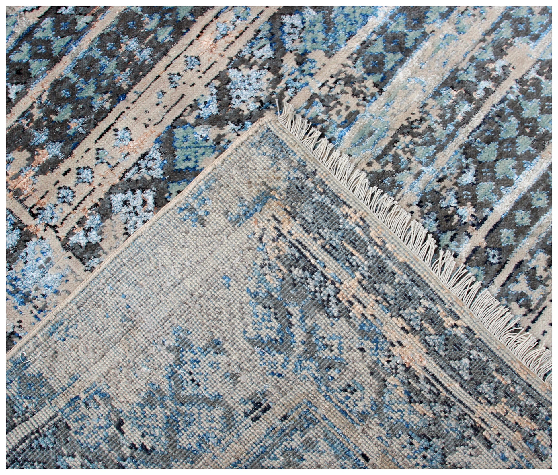 Blue Grey Distressed Vintage Hand Knotted Rug 8x10 - 30 KPSI Wool Viscose Area Rug Bhadohi