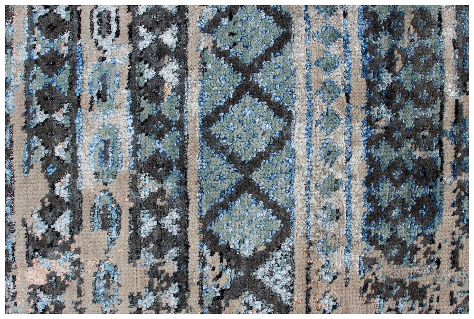 Blue Grey Distressed Vintage Hand Knotted Rug 8x10 - 30 KPSI Wool Viscose Area Rug Bhadohi
