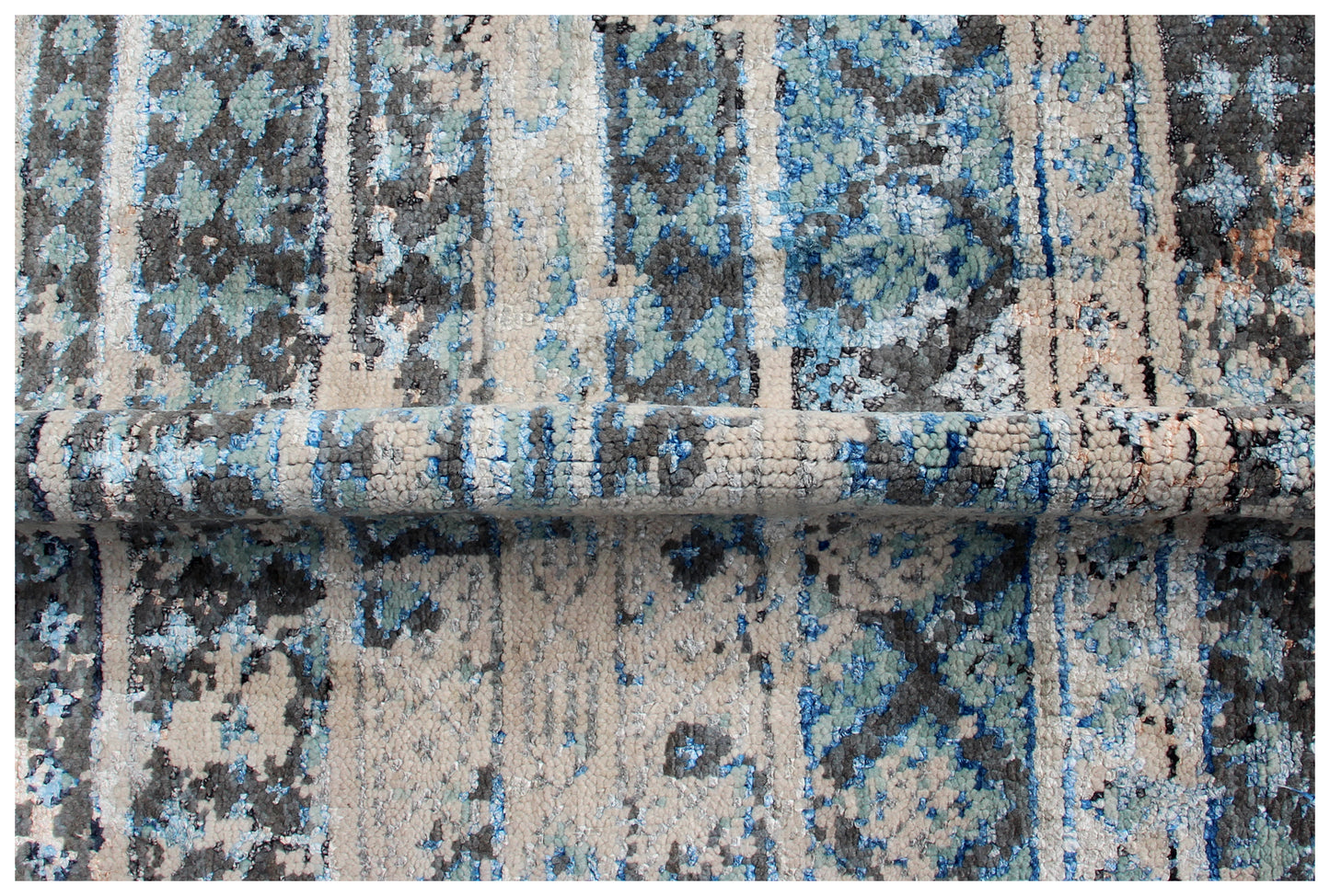 Blue Grey Distressed Vintage Hand Knotted Rug 8x10 - 30 KPSI Wool Viscose Area Rug Bhadohi
