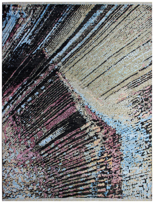 Modern Abstract Striped Hand Knotted Rug 8x10 - Black Beige Blue 30 KPSI Wool Viscose Bhadohi Rugs