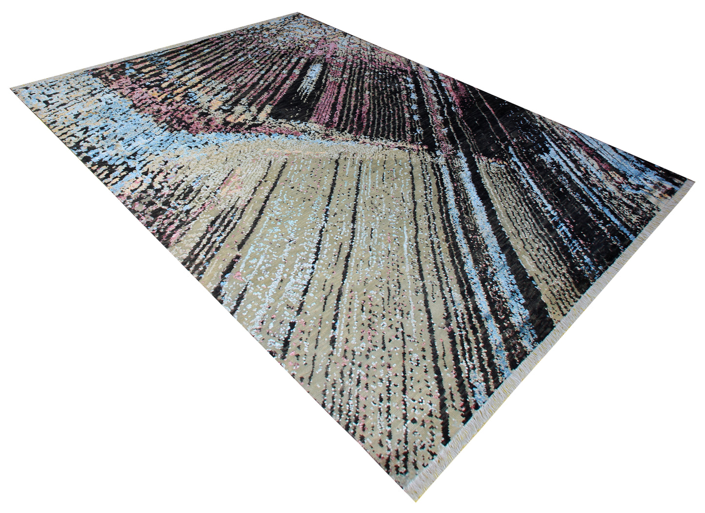 Modern Abstract Striped Hand Knotted Rug 8x10 - Black Beige Blue 30 KPSI Wool Viscose Bhadohi Rugs
