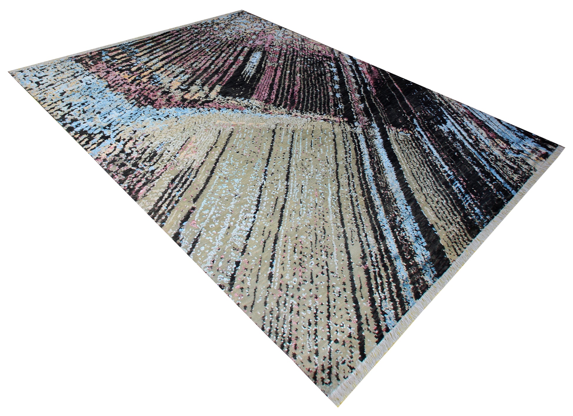 Modern Abstract Striped Hand Knotted Rug 8x10 - Black Beige Blue 30 KPSI Wool Viscose Bhadohi Rugs