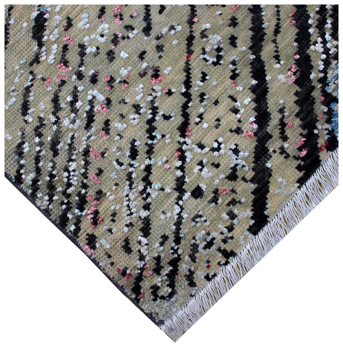 Modern Abstract Striped Hand Knotted Rug 8x10 - Black Beige Blue 30 KPSI Wool Viscose Bhadohi Rugs