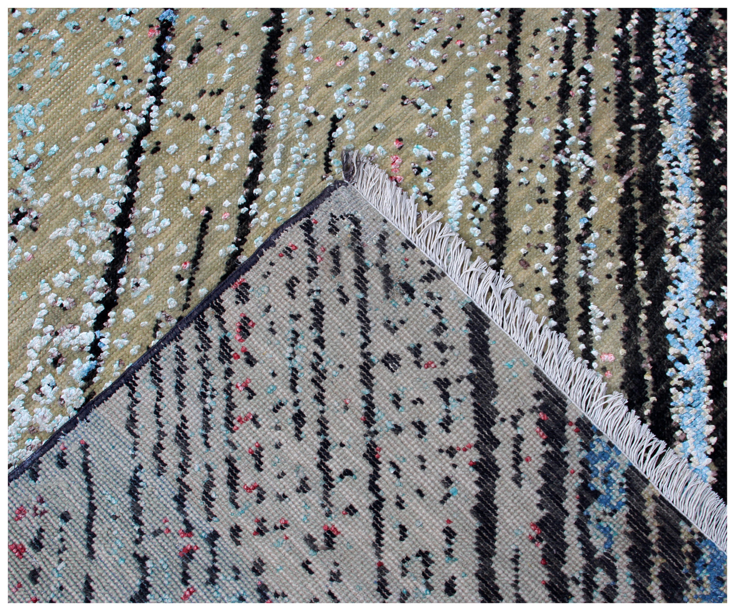 Modern Abstract Striped Hand Knotted Rug 8x10 - Black Beige Blue 30 KPSI Wool Viscose Bhadohi Rugs
