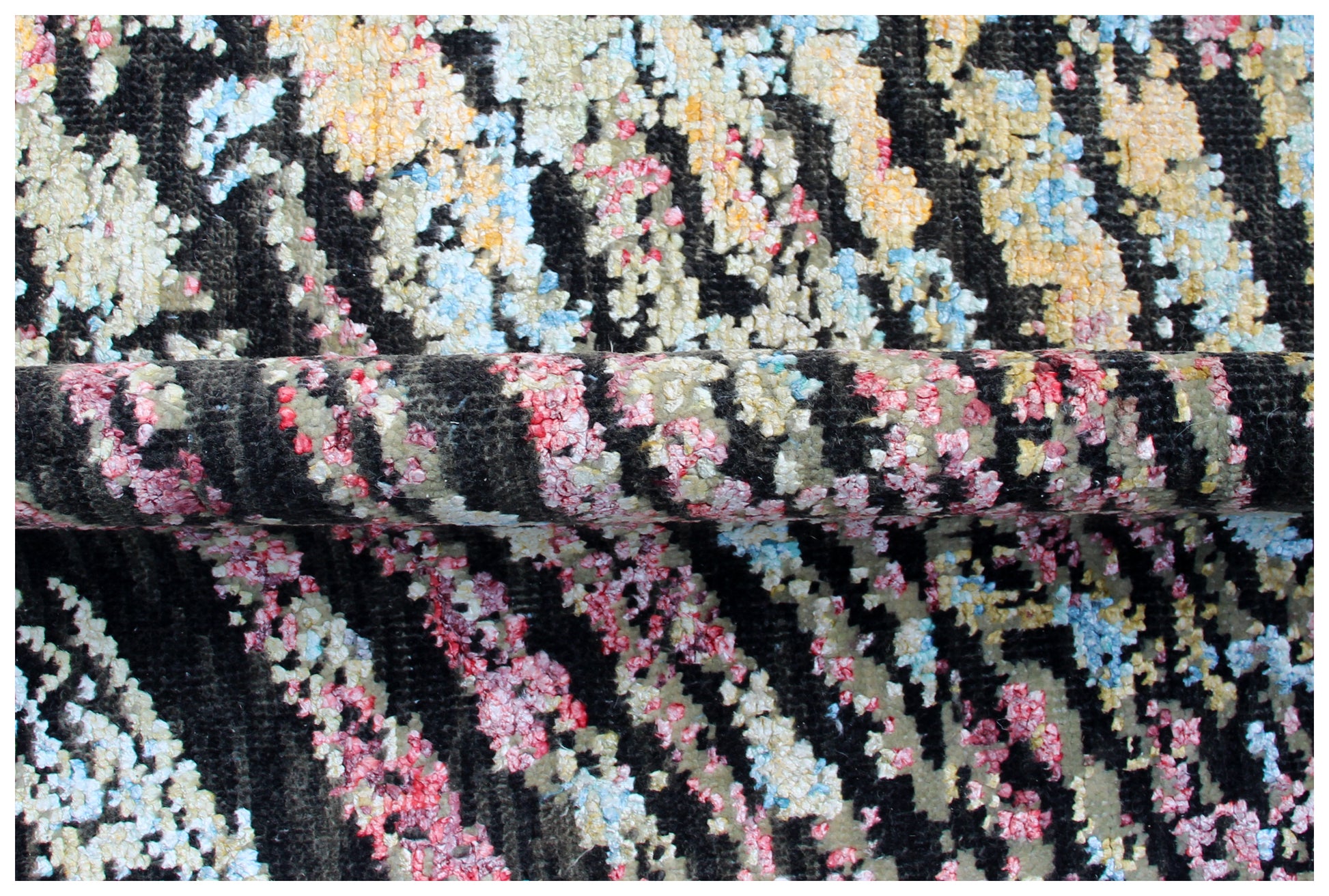 Modern Abstract Striped Hand Knotted Rug 8x10 - Black Beige Blue 30 KPSI Wool Viscose Bhadohi Rugs