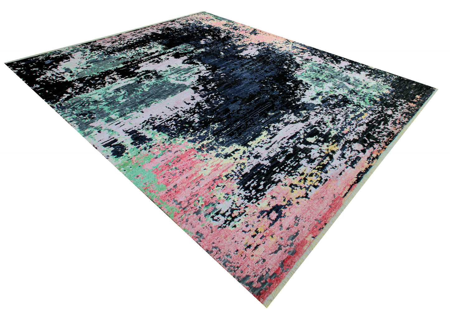 Modern Abstract Distressed Hand Knotted Rug 7.6x10.6 - Black Pink Mint 30 KPSI Wool Viscose